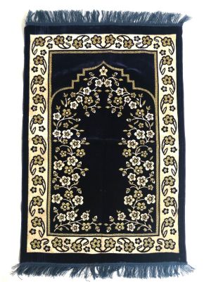 Luxury Velvet Islamic Prayer Rug Navy Blue